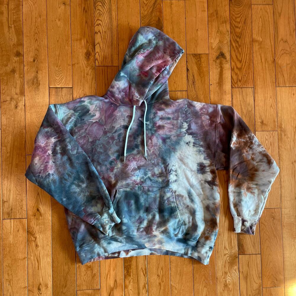 Ice Dyed Hoodie Tie Dye Hippie - Watercolor Blue Pink Bronze (Men Women Large)